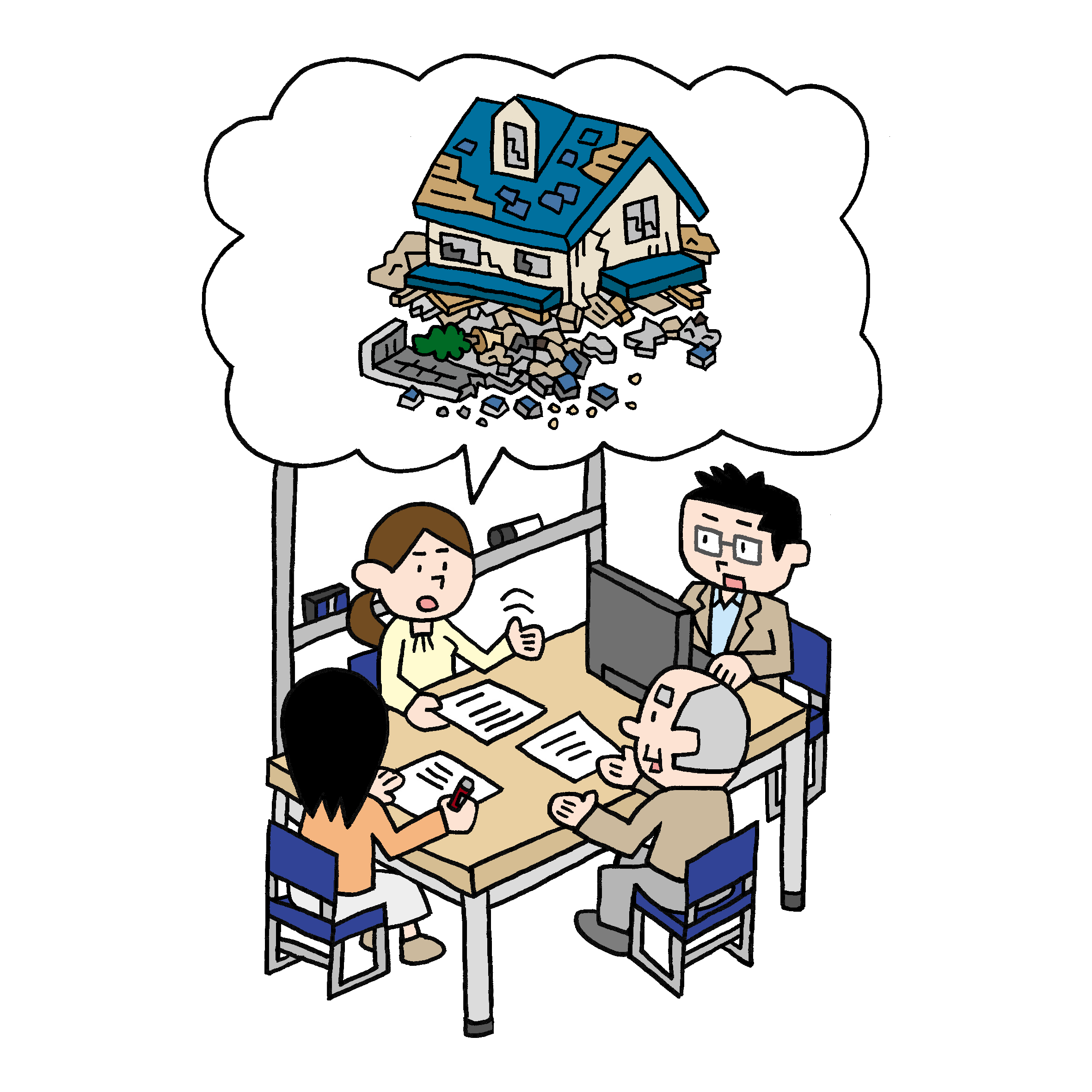 地震による家屋被害と備えを話し合う人たちのイラスト