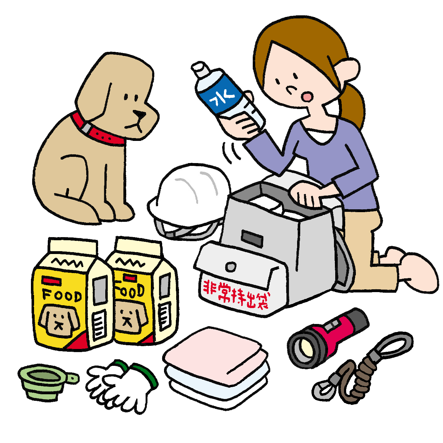 ペットと一緒に非常持出品を確認する人のイラスト
