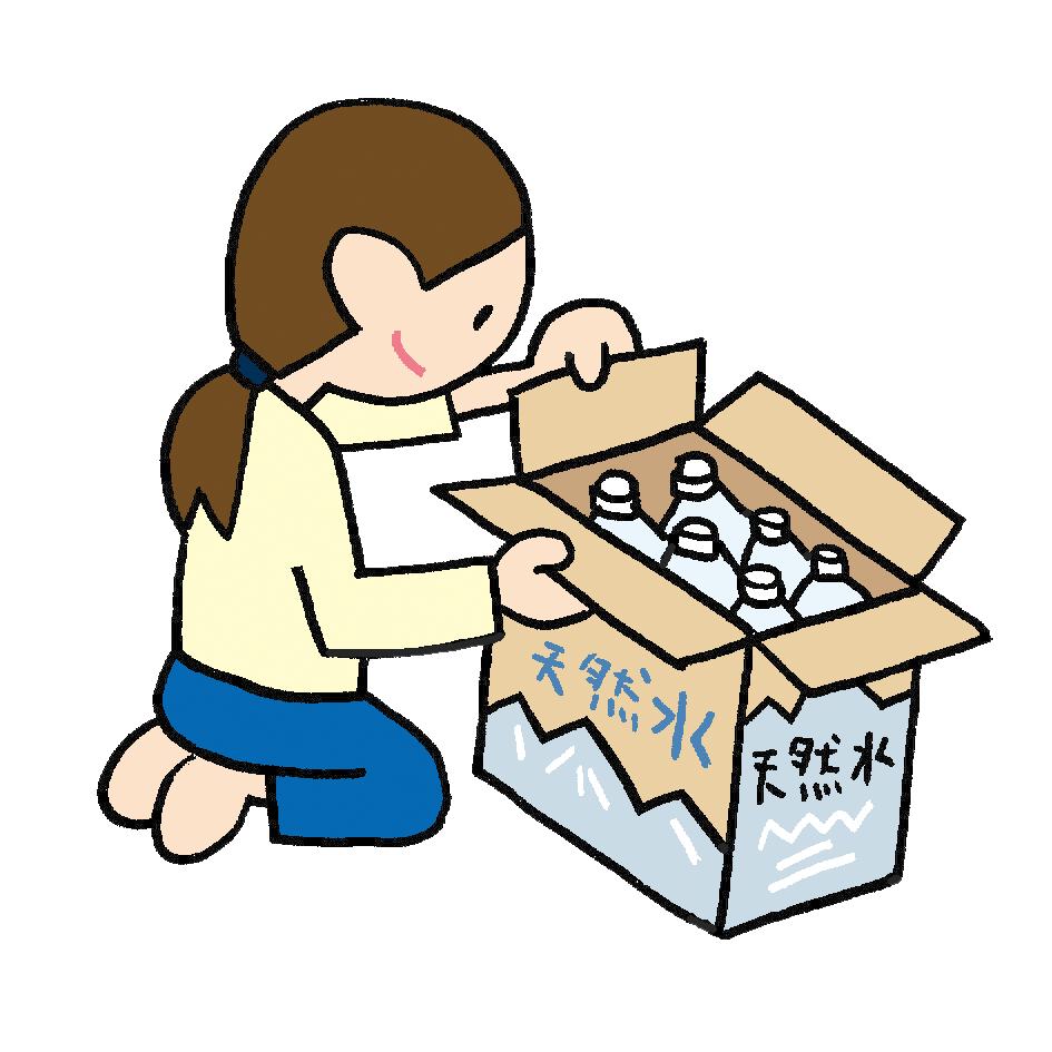 箱に入った備蓄用の飲料水を確認する人のイラスト