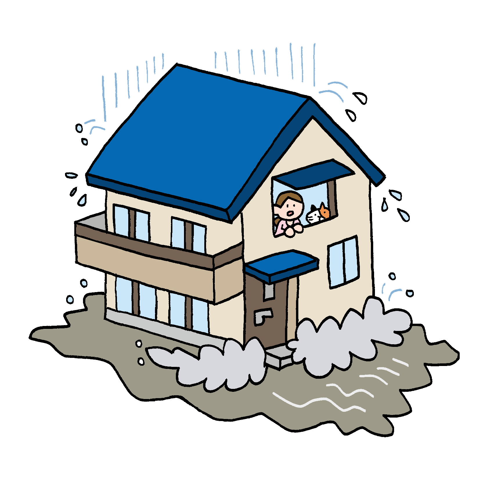 大雨のときに家の2階へ避難する人のイラスト