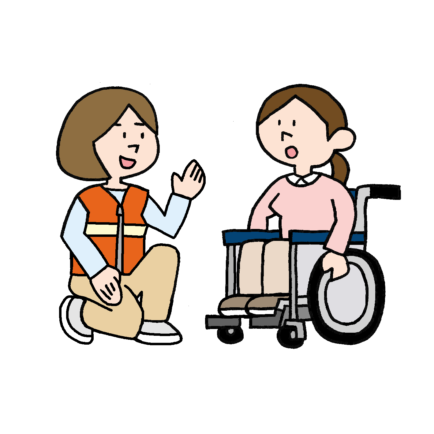 車いすを利用する人と支援方法を話し合う人のイラスト